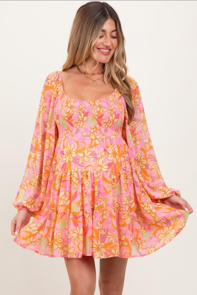 pink floral smocked bubble sleeve maternity dress