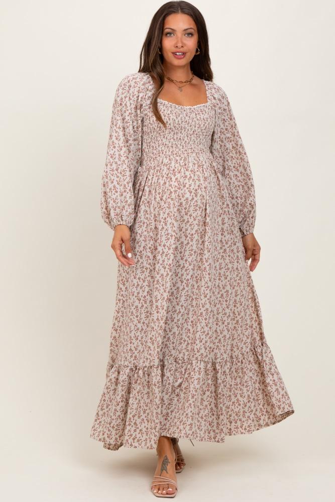 pink floral smocked lace trim sweetheart maternity maxi dress