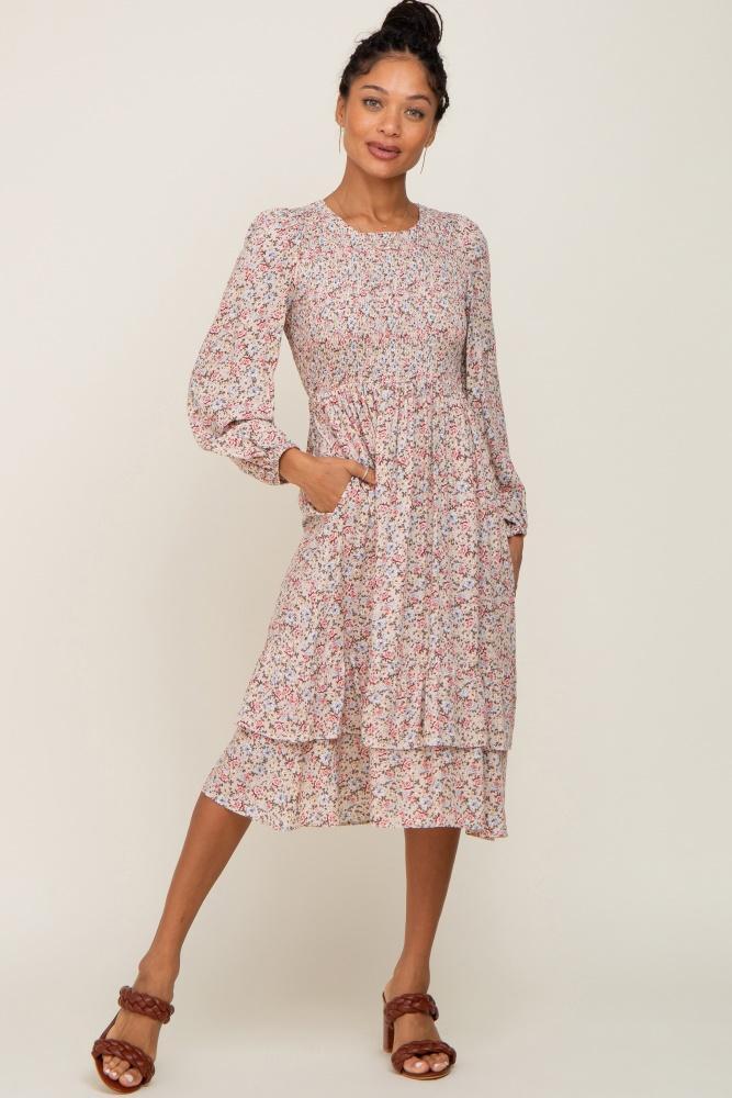 pink floral smocked long sleeve midi dress