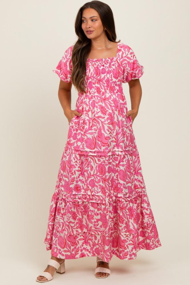 pink floral smocked puff sleeve maternity maxi dress