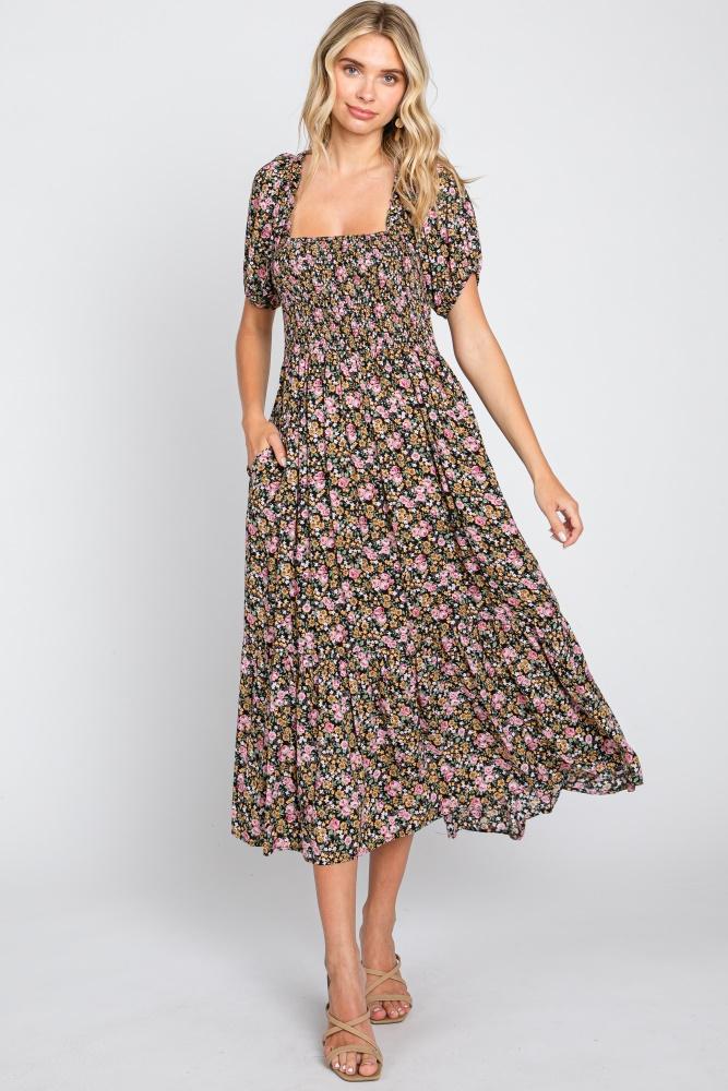 pink floral smocked puff sleeve midi dress