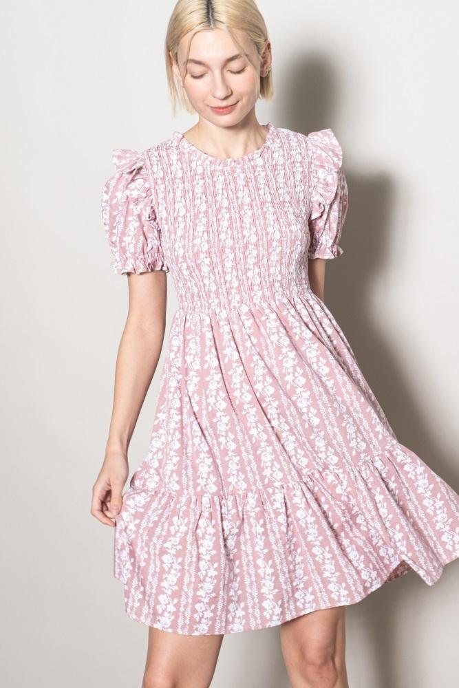 pink floral smocked ruffle accent dress
