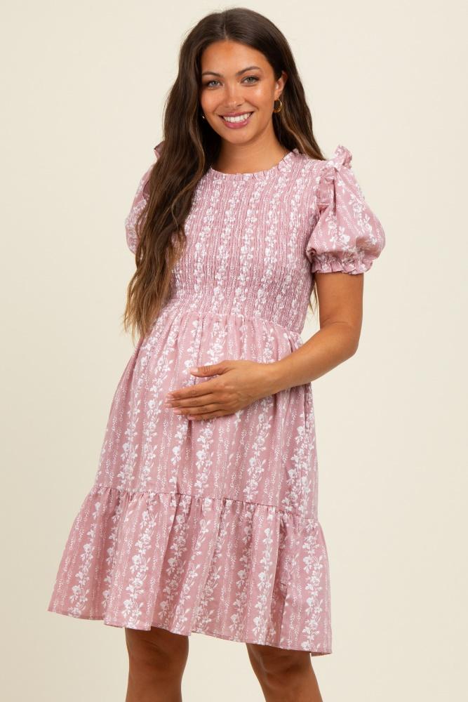 pink floral smocked ruffle accent maternity dress