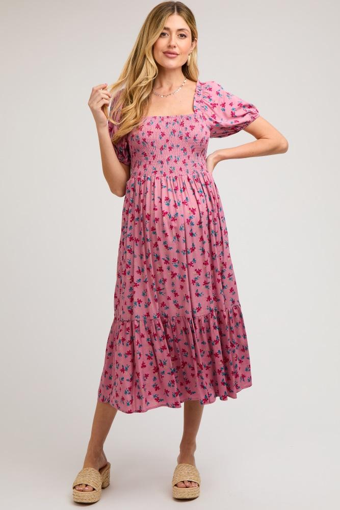 pink floral smocked short sleeve maternity midi dress