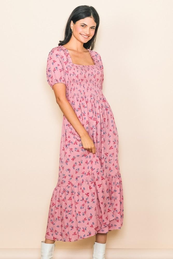 pink floral smocked short sleeve midi dress