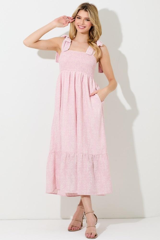 pink floral smocked shoulder tie midi dress