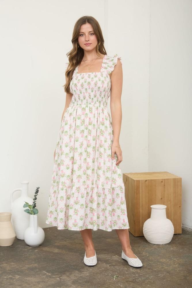 pink floral smocked sleeveless midi dress