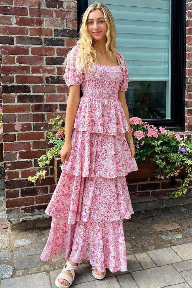 pink floral square neck ruffle layered maxi dress