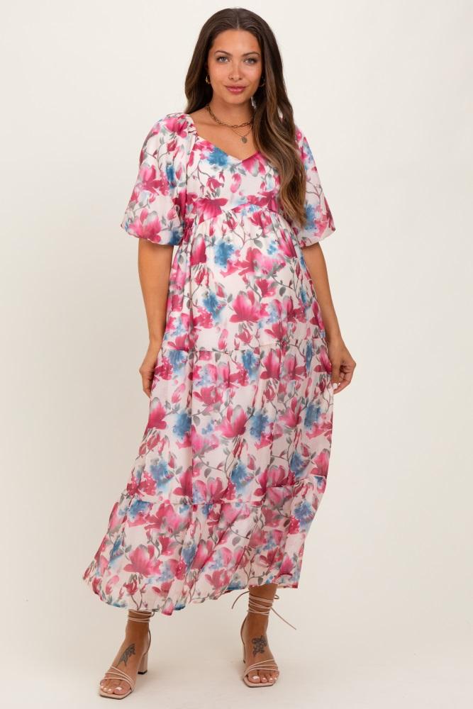 pink floral tiered puff sleeve maternity midi dress