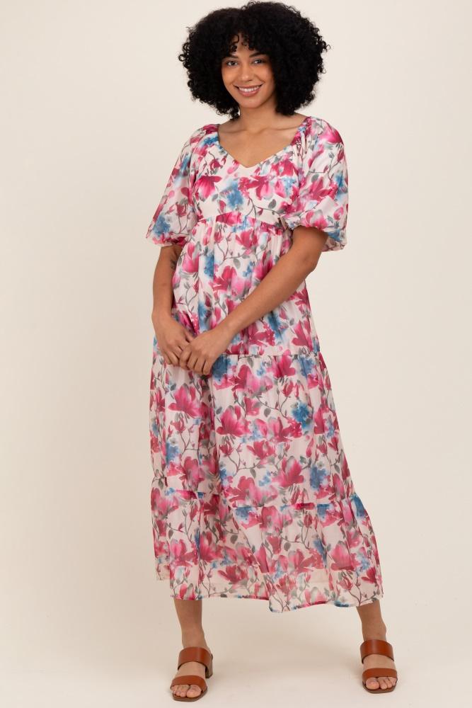 pink floral tiered puff sleeve midi dress