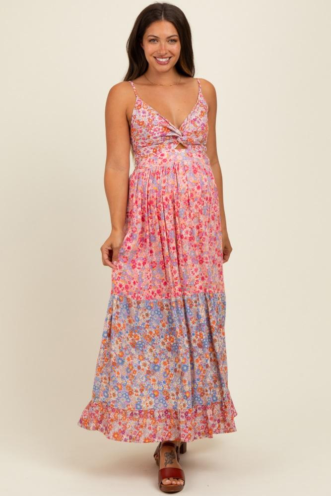 pink floral twist front cut out tiered maternity maxi dress