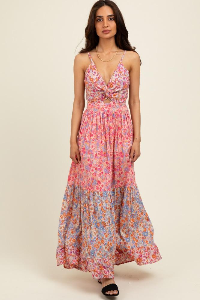 pink floral twist front cut out tiered maxi dress