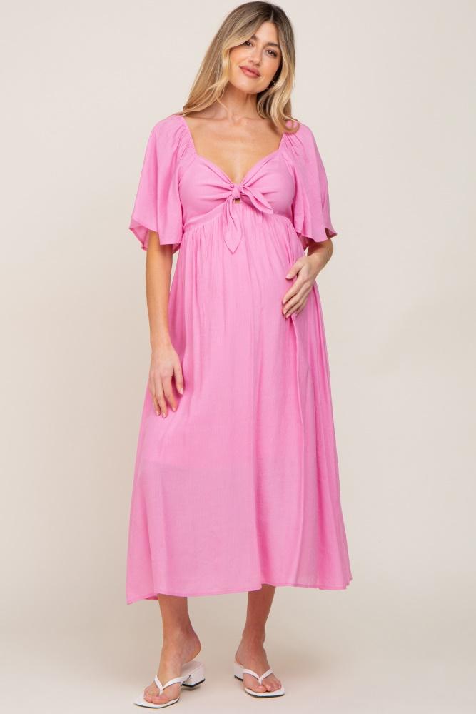 pink front tie ruffle sleeve maternity midi dress