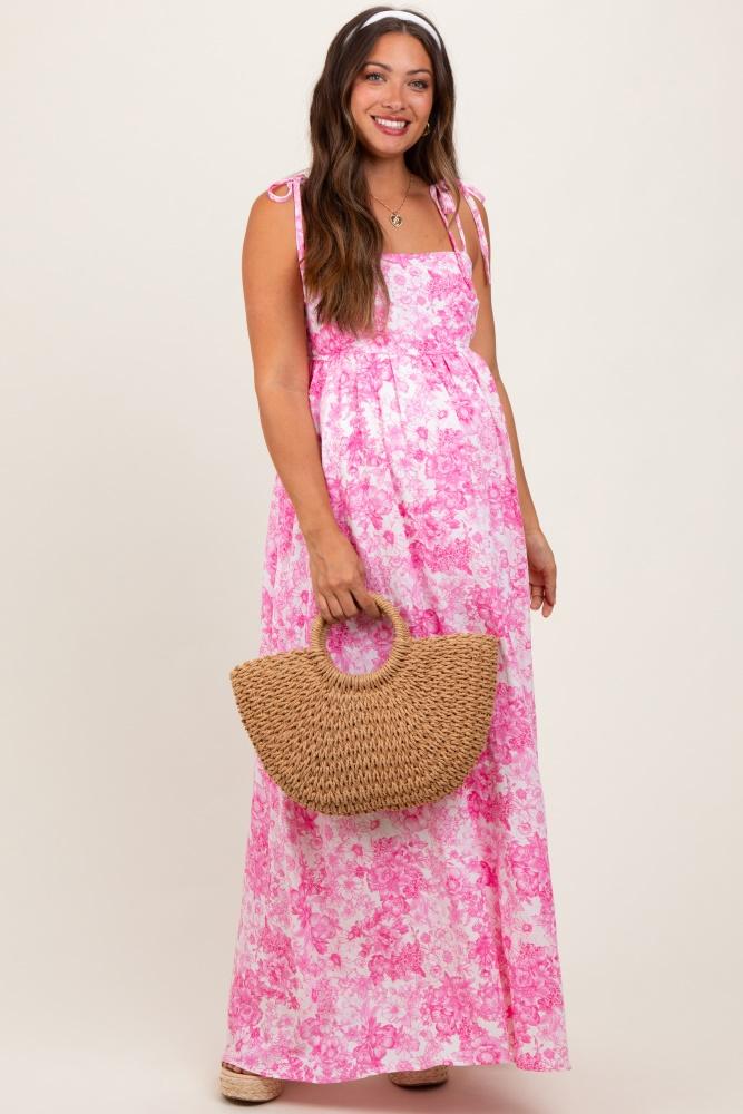 pink leaf print sleeveless open back smocked maternity maxi dress