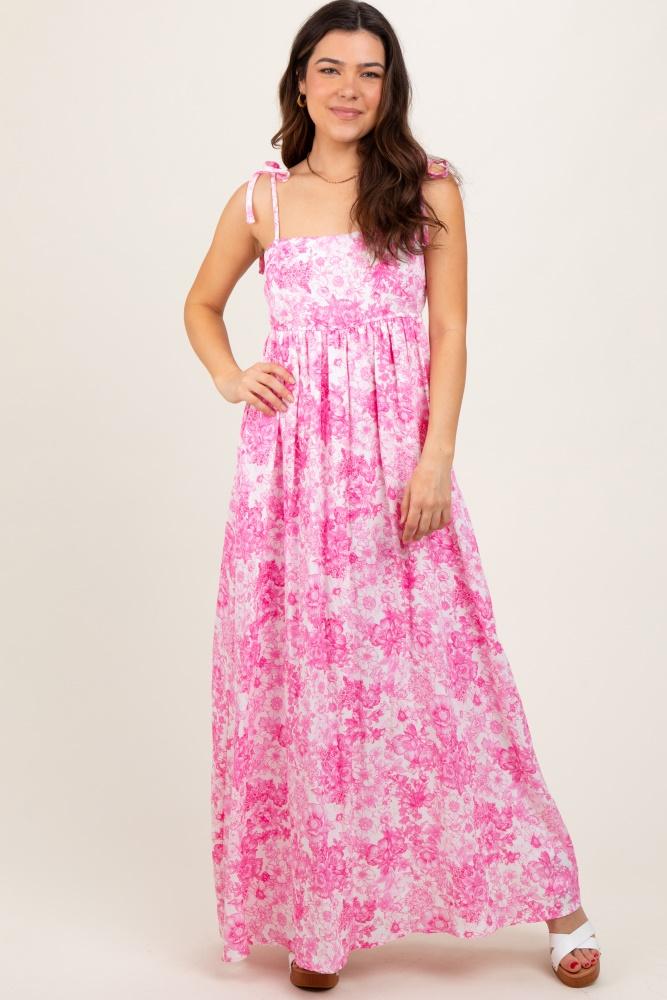 pink leaf print sleeveless open back smocked maxi dress