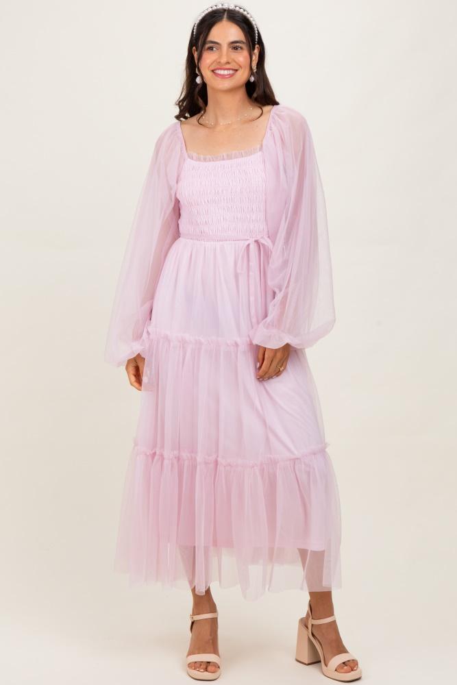 pink mesh tiered long sleeve maxi dress