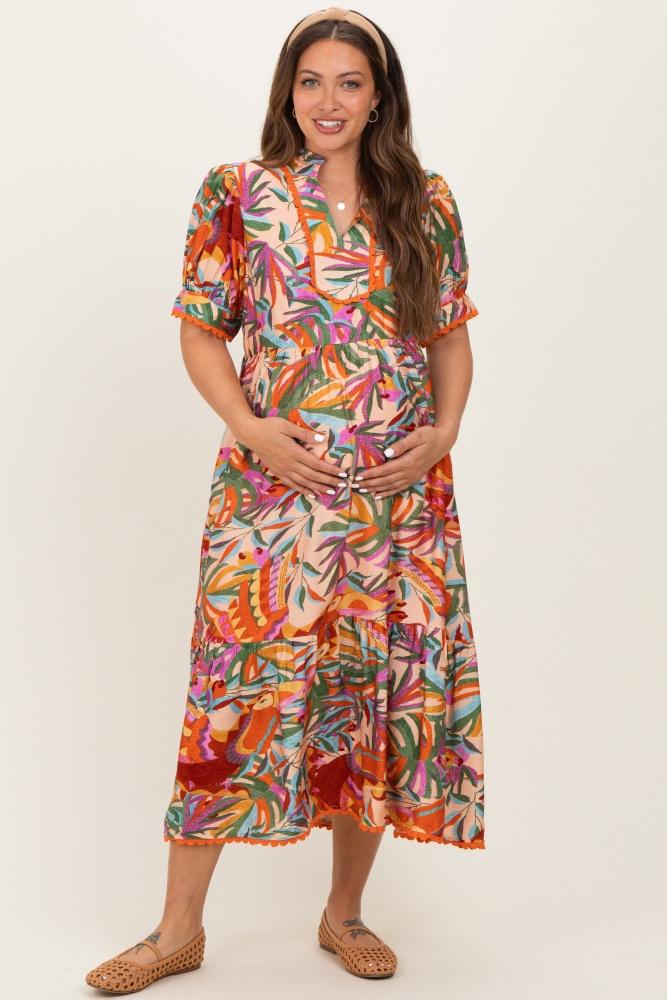 pink mix leaf print pocketed maternity midi dress