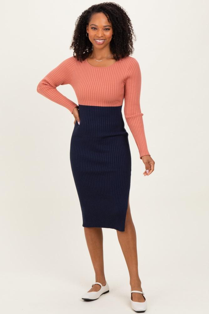 pink navy knit colorblock long sleeve midi dress