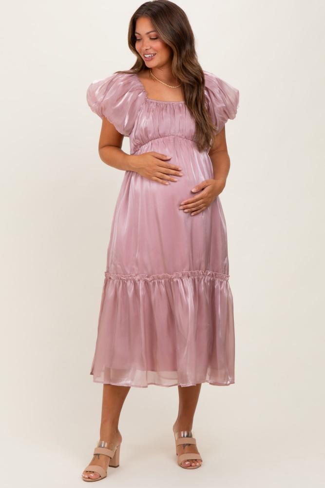 pink organza puff sleeve maternity midi dress