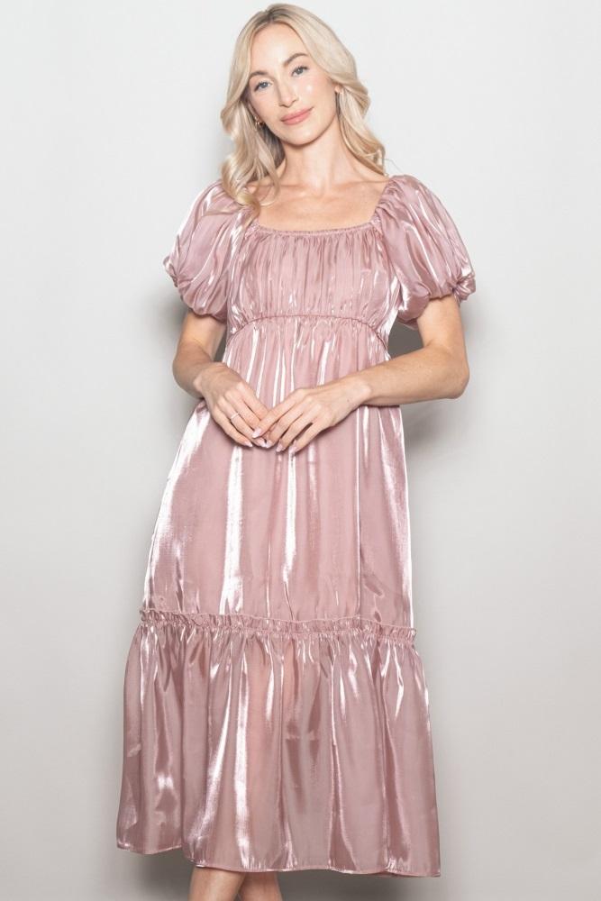 pink organza puff sleeve midi dress