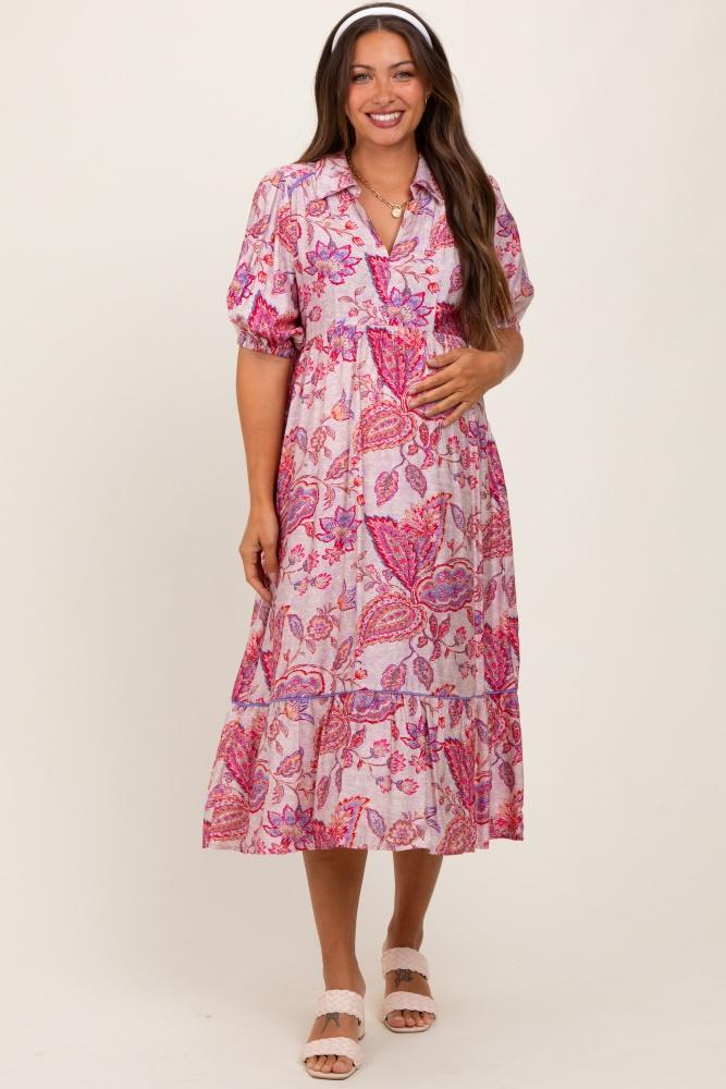pink paisley collared ruffle hem maternity midi dress