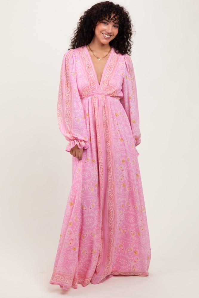 pink paisley deep v-neck long sleeve maxi dress