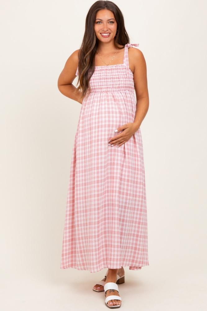 pink plaid smocked shoulder tie maternity maxi dress