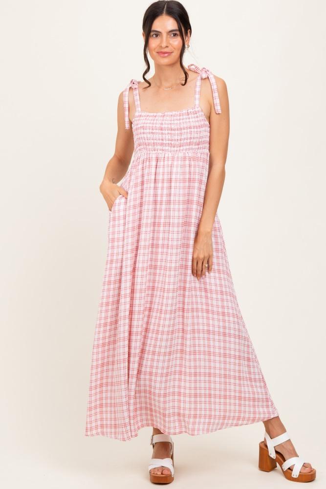 pink plaid smocked shoulder tie maxi dress