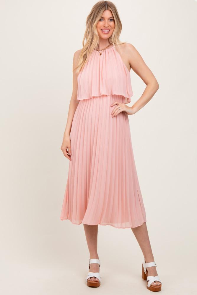 pink pleated woven midi dress