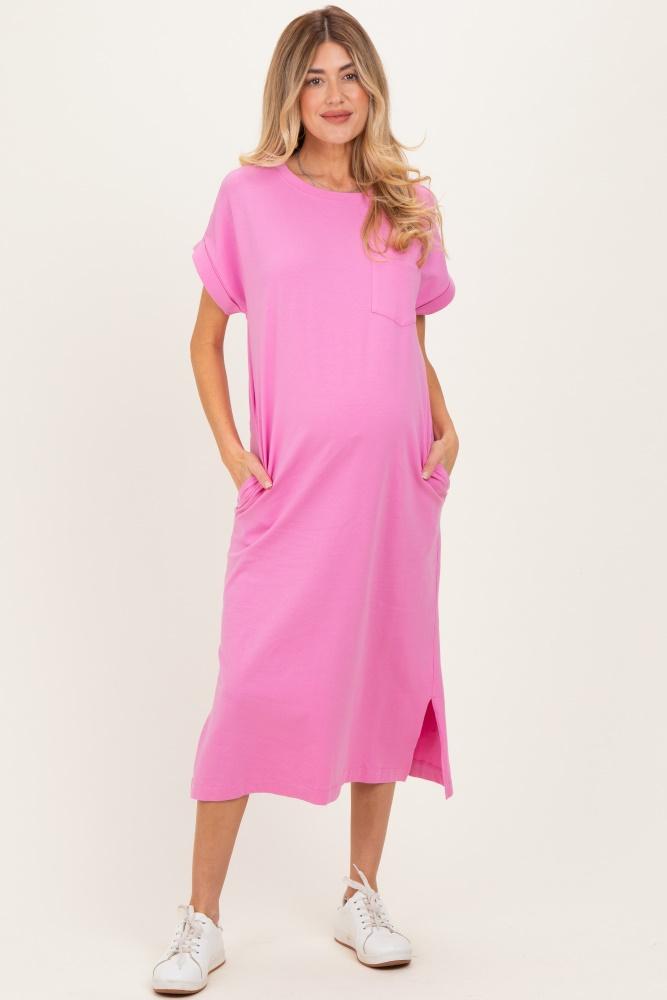 pink pocket front maternity midi t-shirt dress