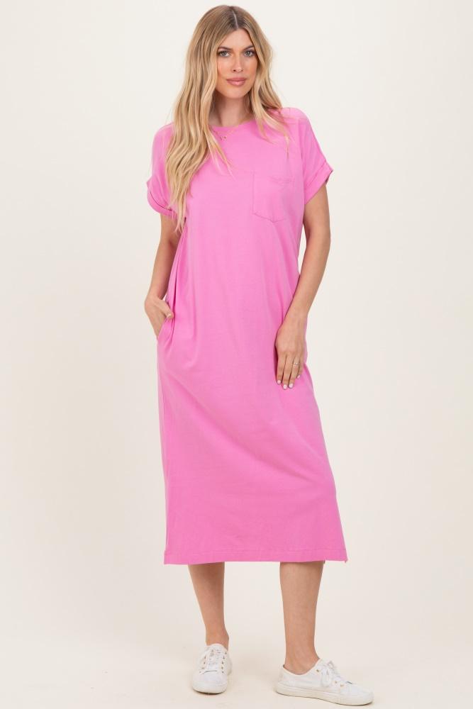 pink pocket front midi t-shirt dress