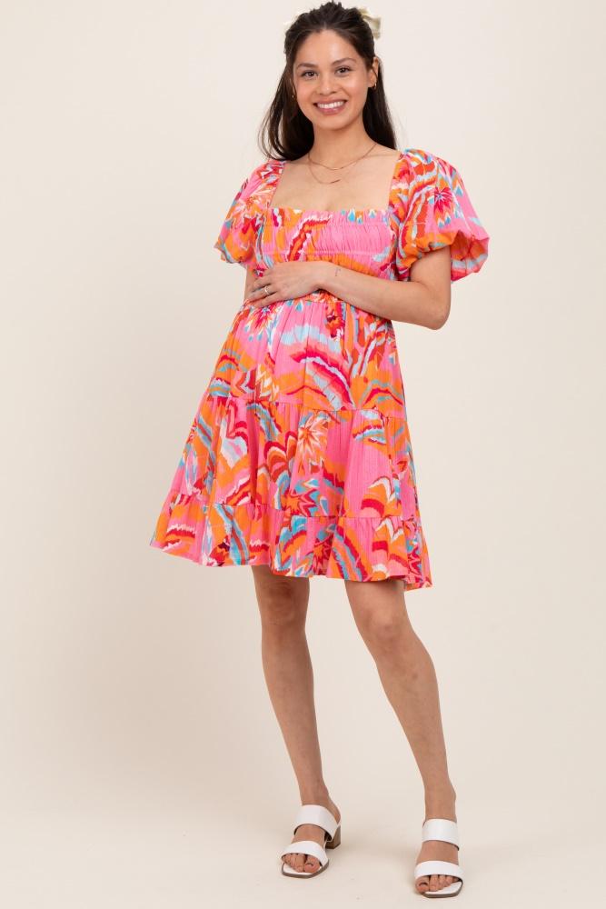 pink printed smocked puff sleeve maternity mini dress