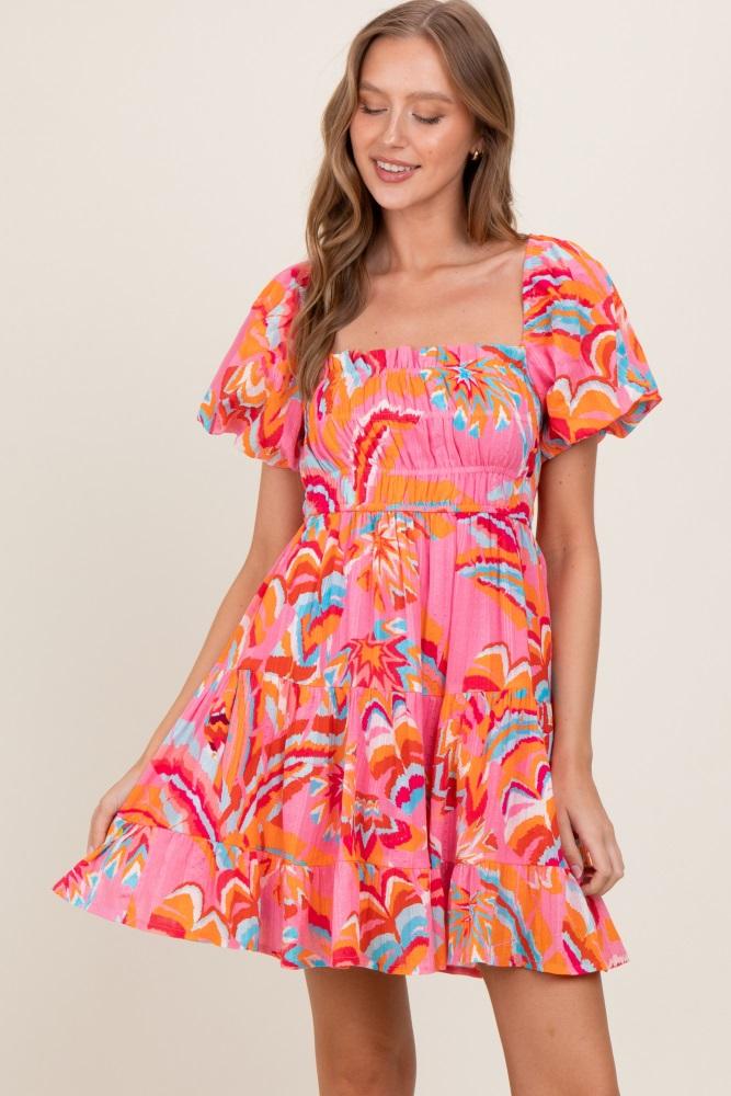 pink printed smocked puff sleeve mini dress