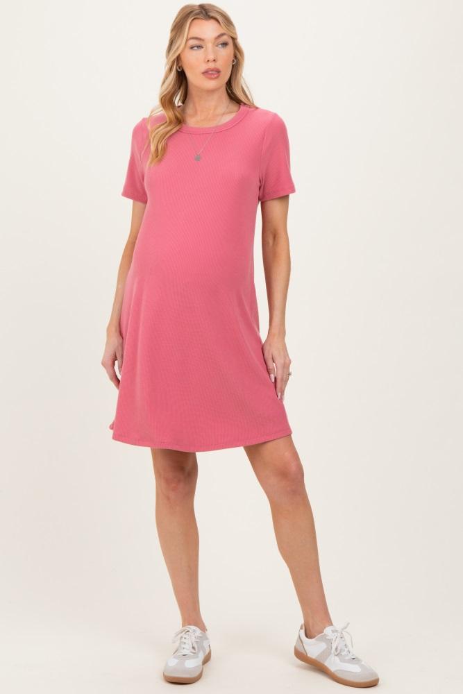 pink ribbed knit basic short sleeve maternity t-shirt dress