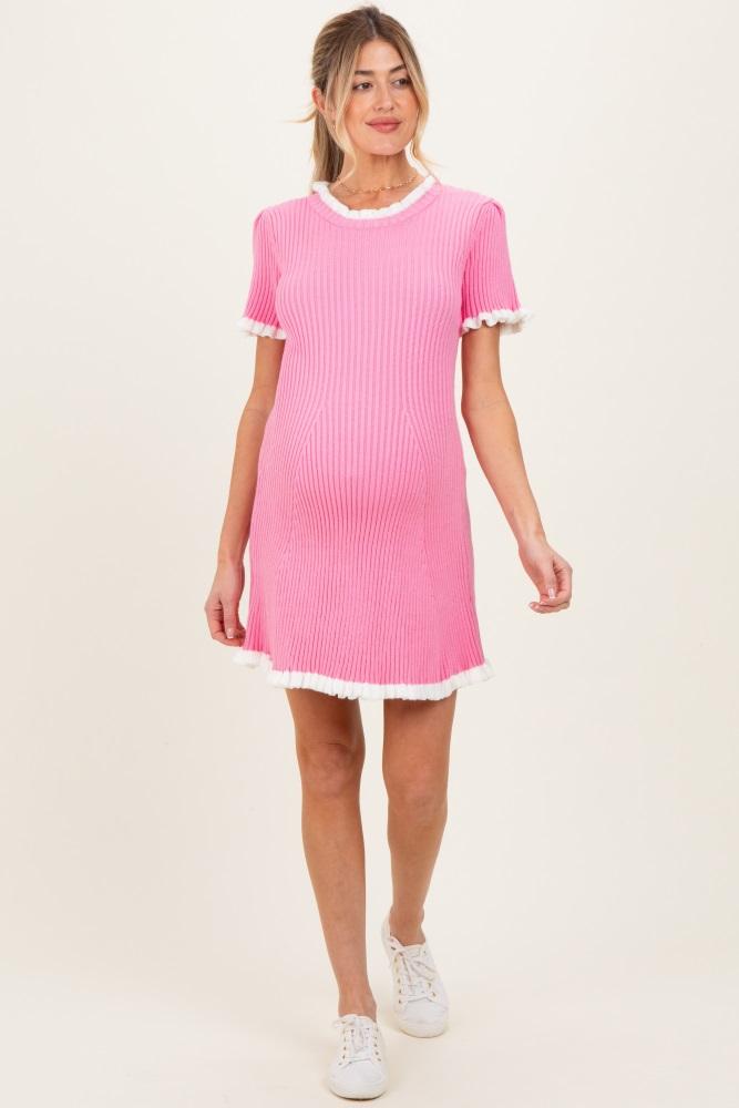 pink ribbed knit ruffle trim maternity mini dress