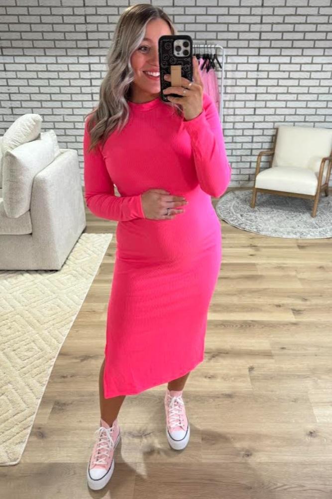 pink ribbed mock neck long sleeve maternity midi dress