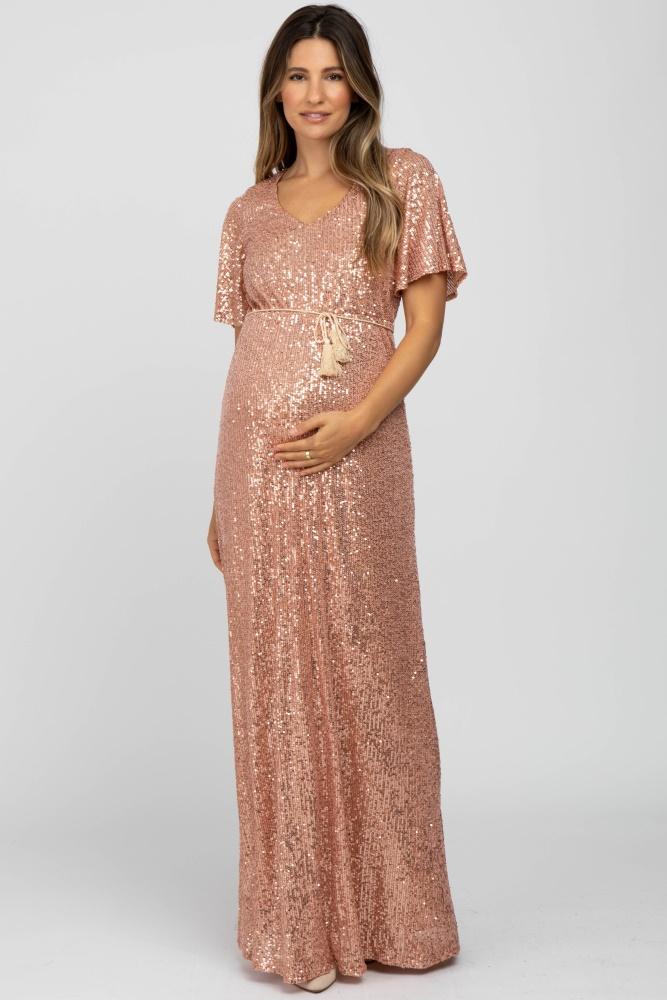 pink sequin short sleeve maternity maxi dress