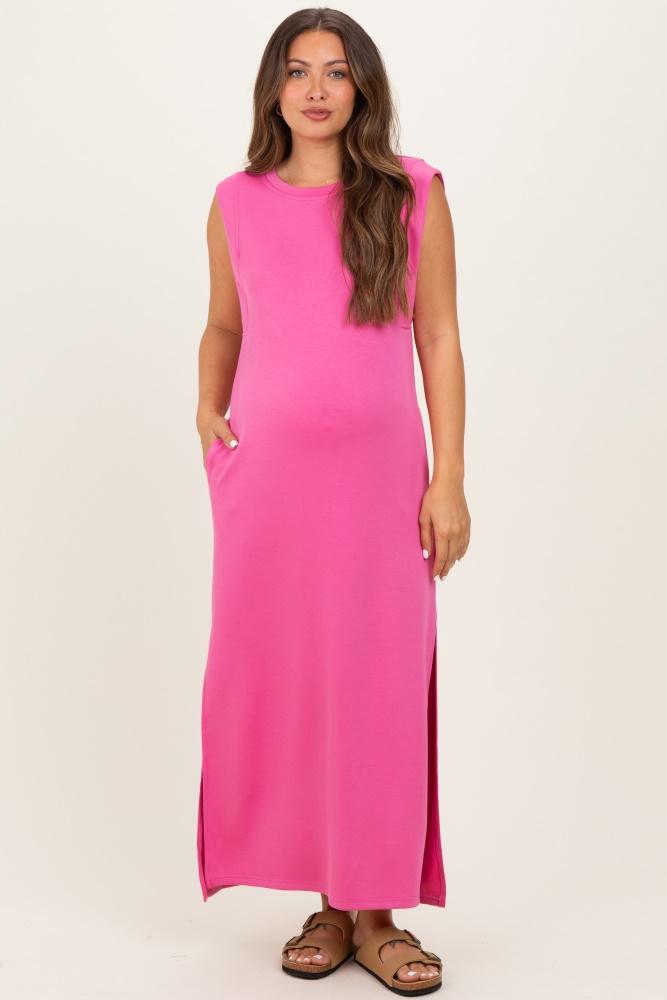 pink sleeveless side slit maternity midi dress