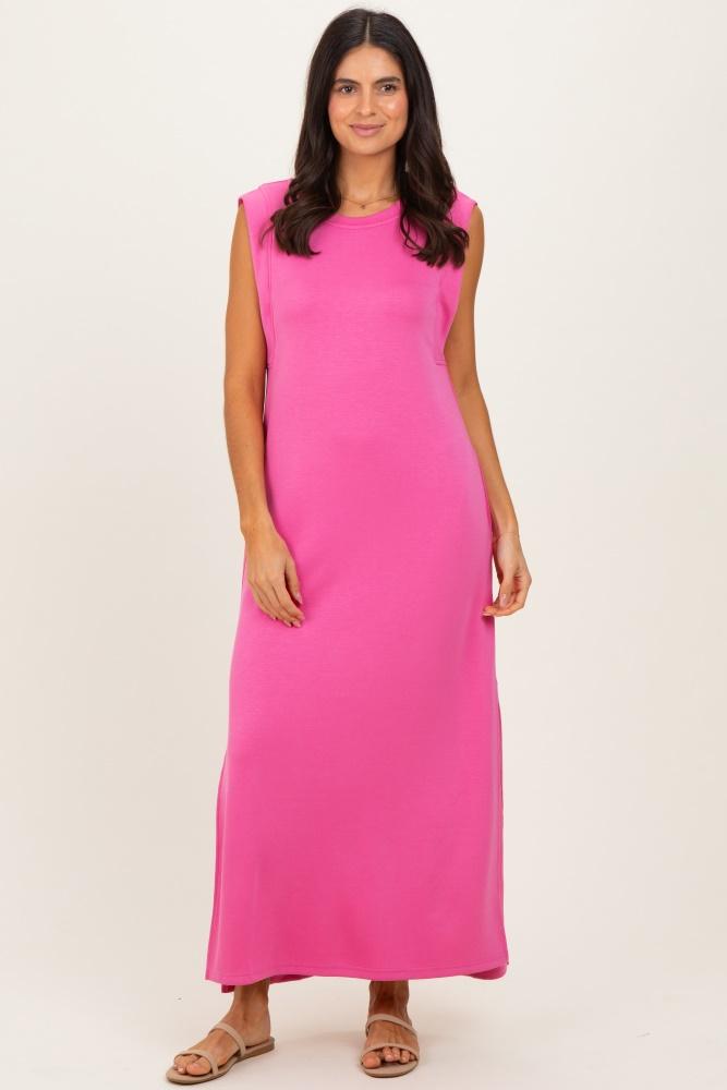 pink sleeveless side slit midi dress