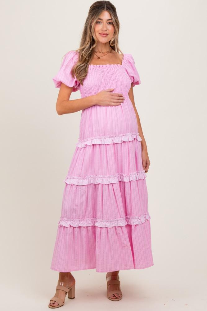 pink smocked ruffle tiered puff sleeve maternity maxi dress