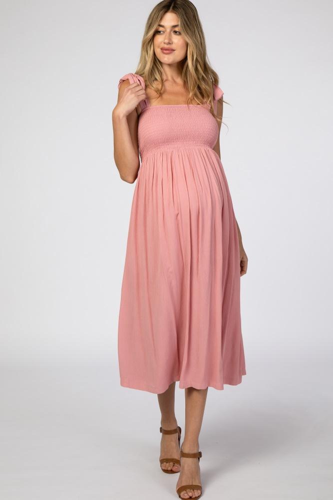 pink smocked tie strap maternity midi dress