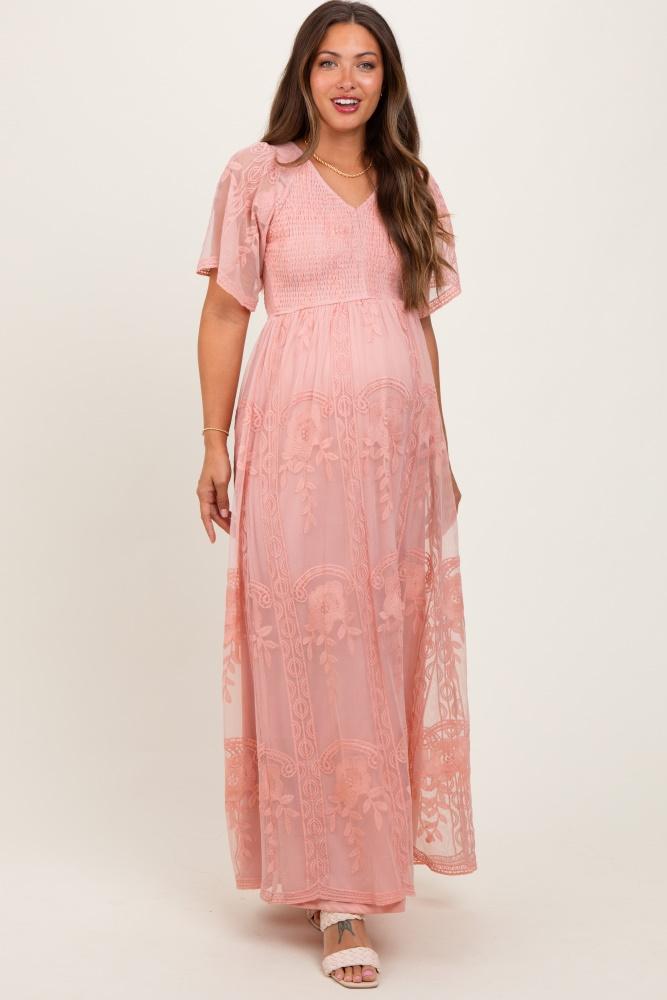 pink smocked top lace maternity maxi dress