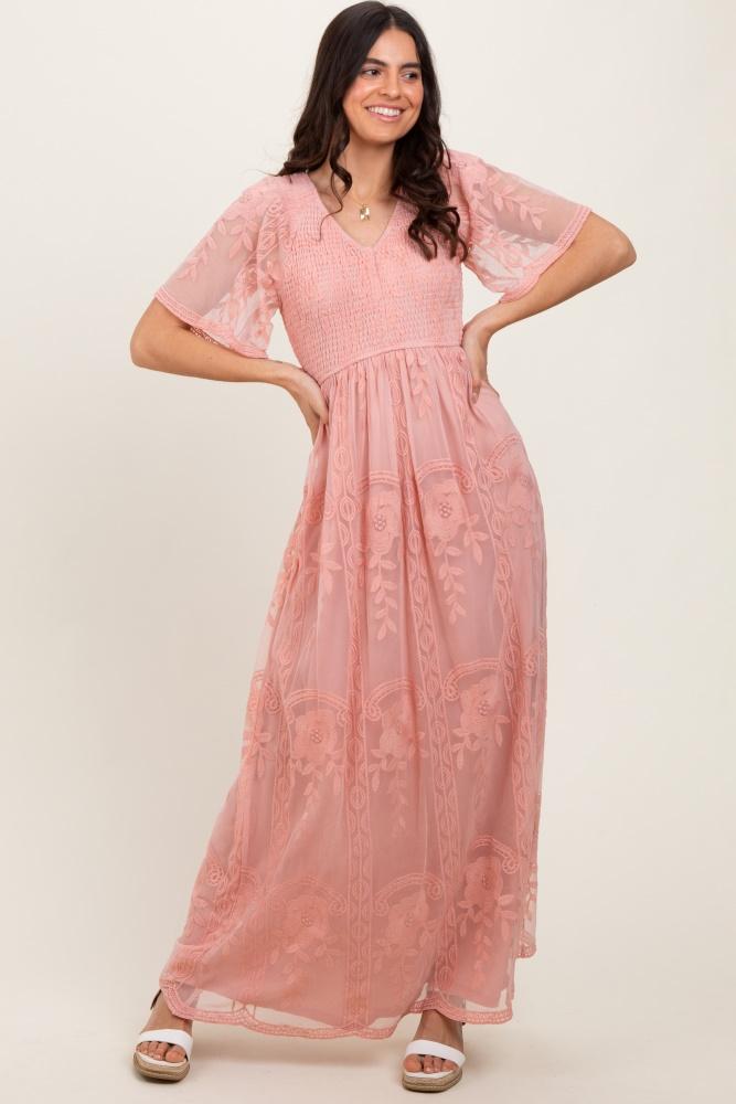 pink smocked top lace maxi dress