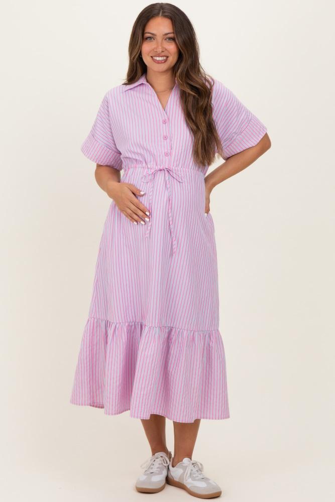 pink striped button collared maternity midi dress