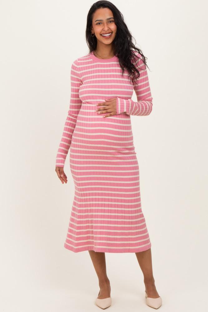 pink striped knit maternity midi flare dress