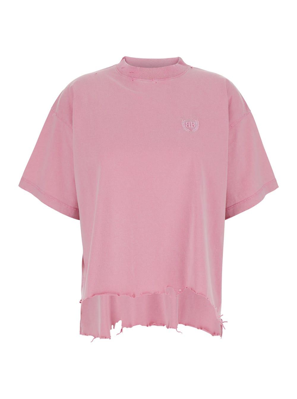 pink t-shirt with round neck logo on the front and back and distressed details in cotton woman