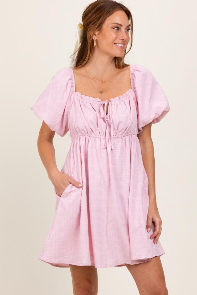 pink textured bubble sleeve maternity mini dress