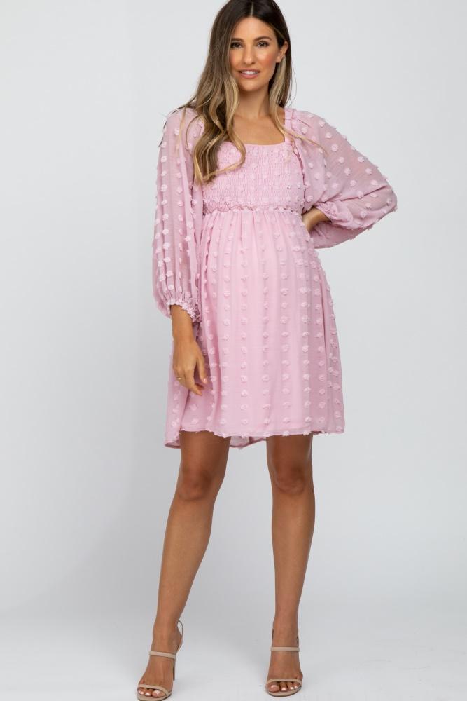 pink textured dot smocked square neck chiffon maternity dress