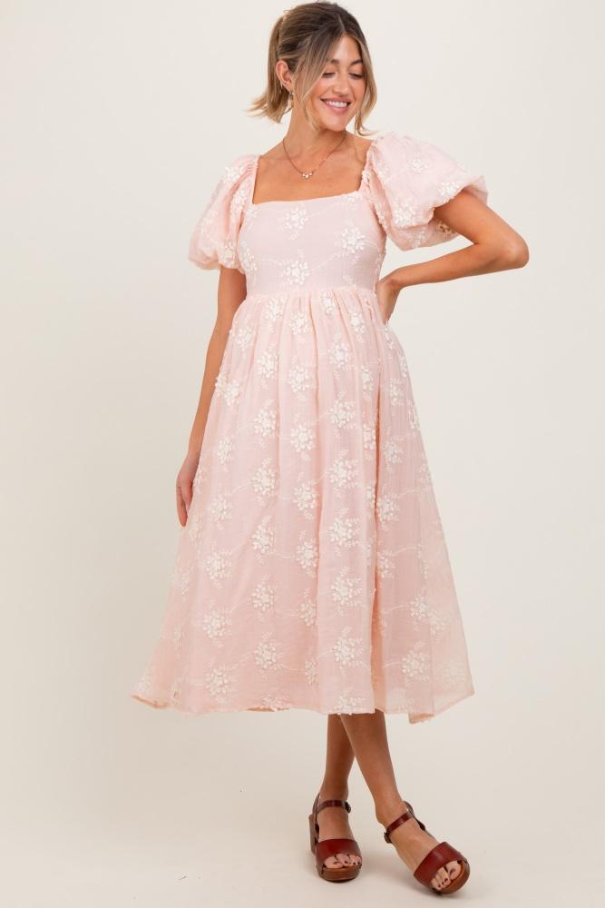 pink textured maternity midi dress