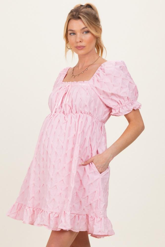pink textured puff sleeve maternity dress